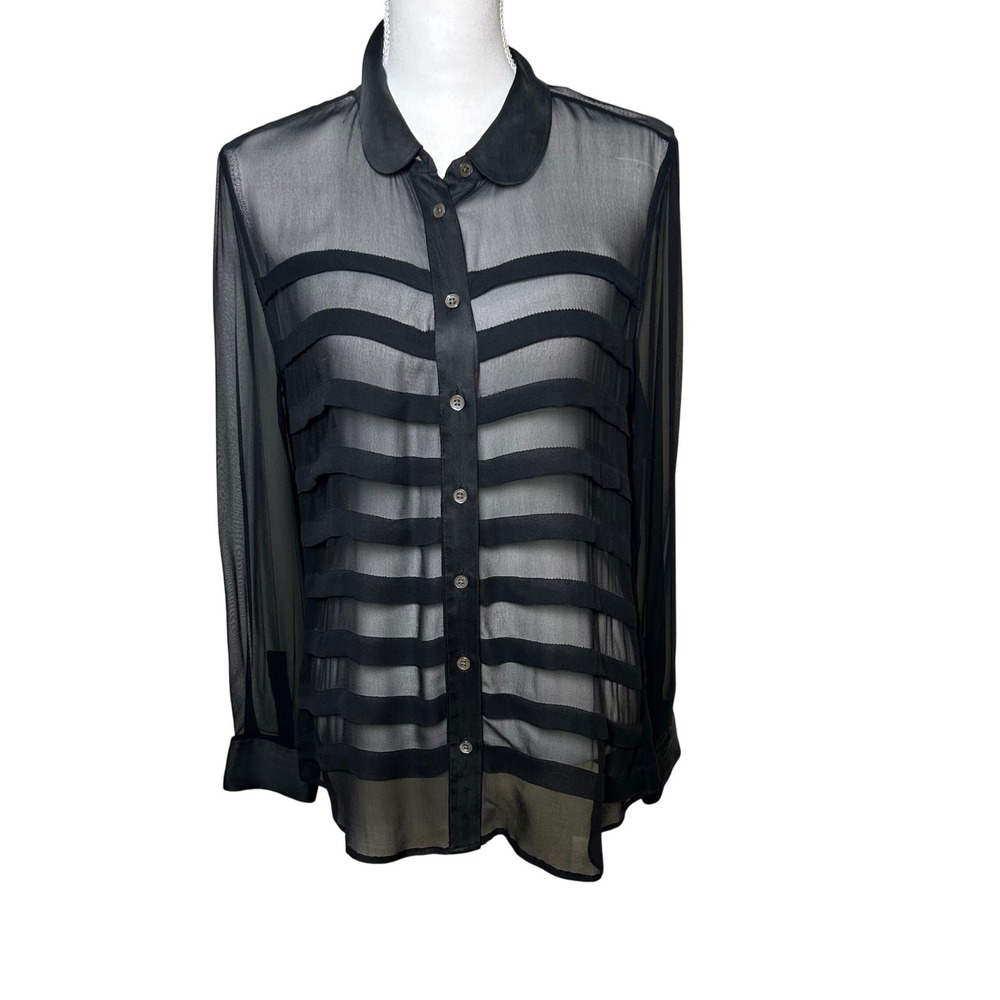 Equipment femme Sophie sheer pleated chiffon black long sleeve silk blouse M